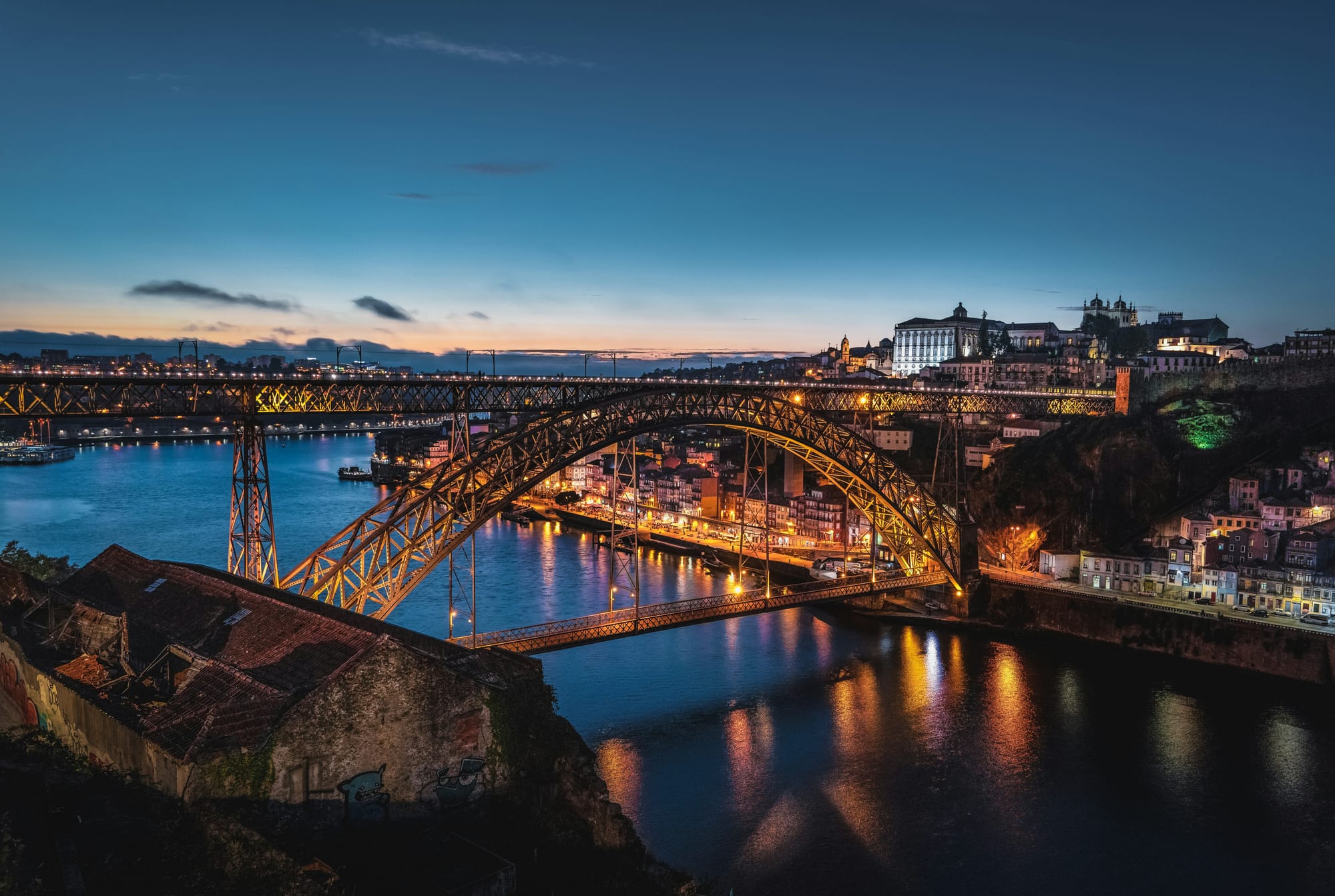 A view of the largest bridge in Porto, Portugal, looking out over the rest of the Old City